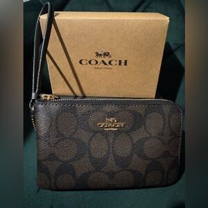 Coach Signature Dark Brown double corner zip Wristlet
